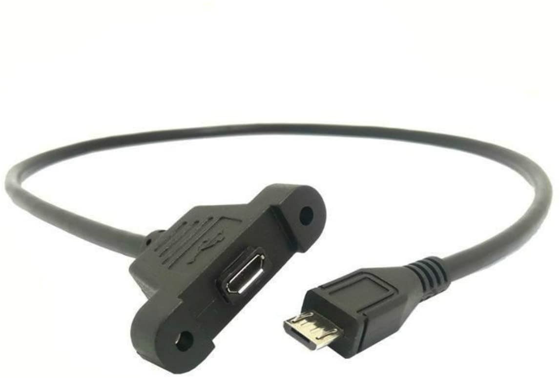 USB Micro-B male to Micro-B female panel mount extension cable with flange fixing holes
