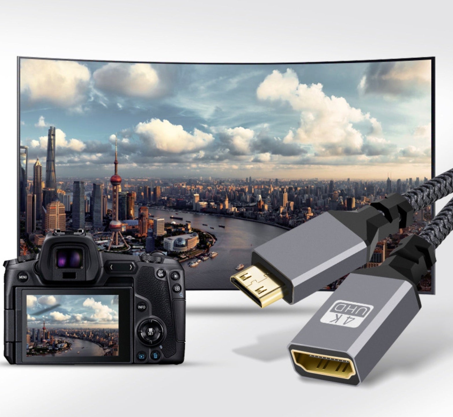 Mini HDMI adapter cable connecting a camera to an HDMI display