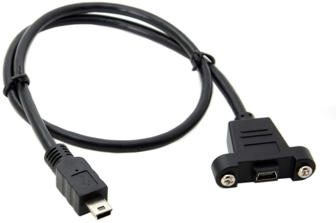 Close-up of USB Mini-B female panel mount socket with screw fixings