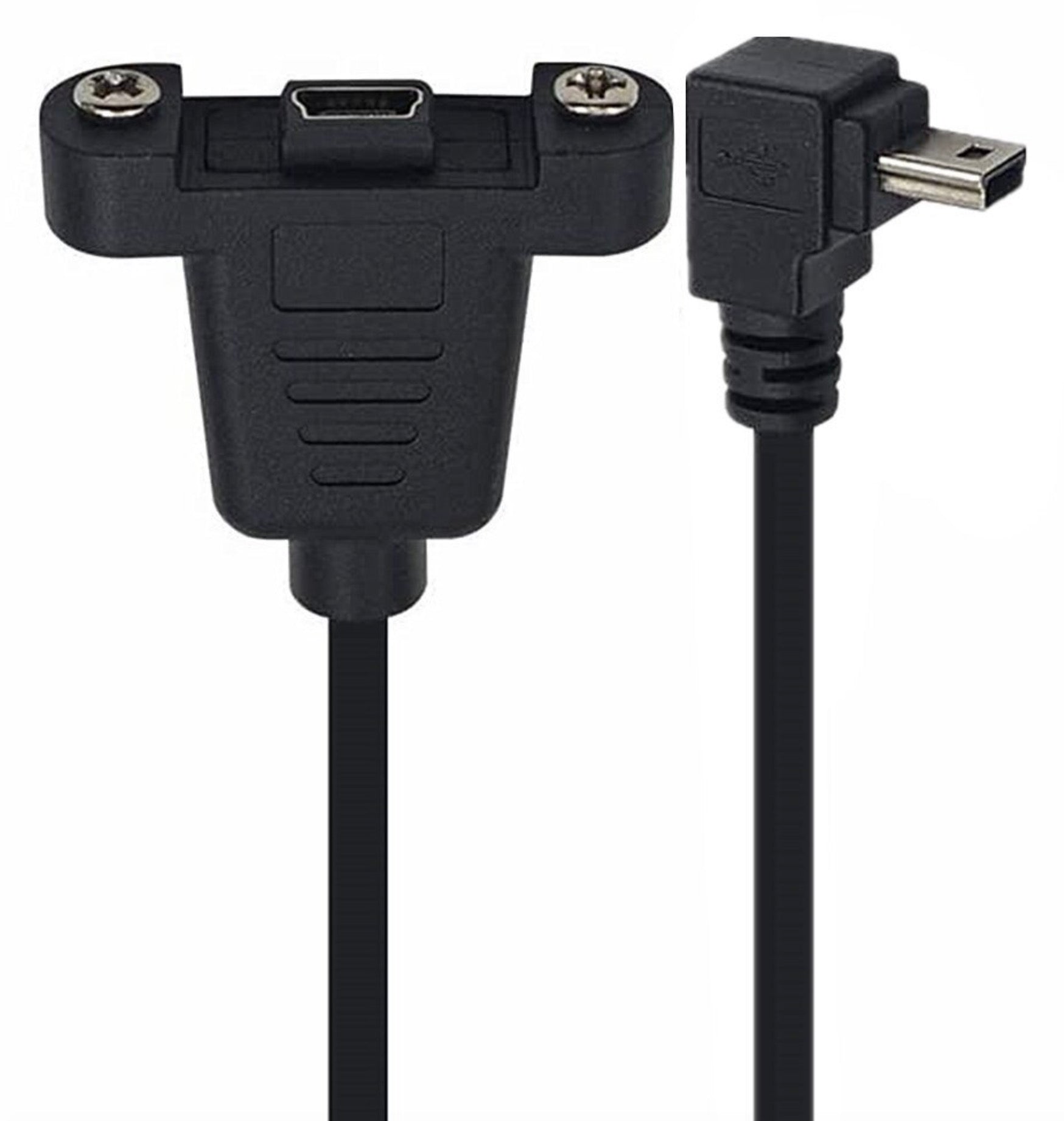 USB 2.0 Mini-B Right Angle Male to Straight Female Panel Mount Cable – 0.3m with Screws