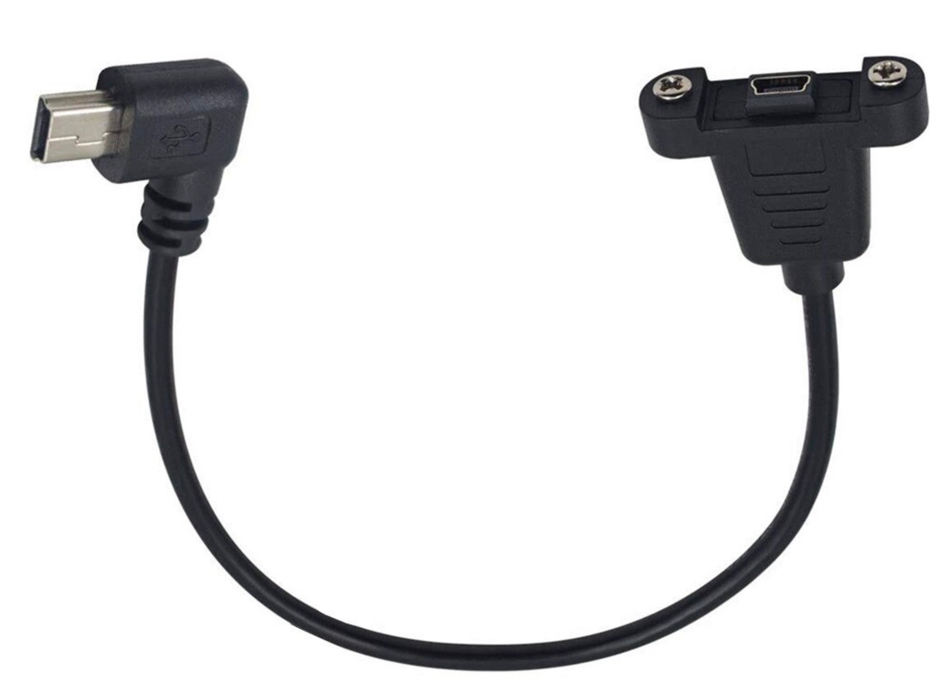 USB 2.0 Mini-B Right Angle Male to Straight Female Panel Mount Cable – 0.3m with Screws