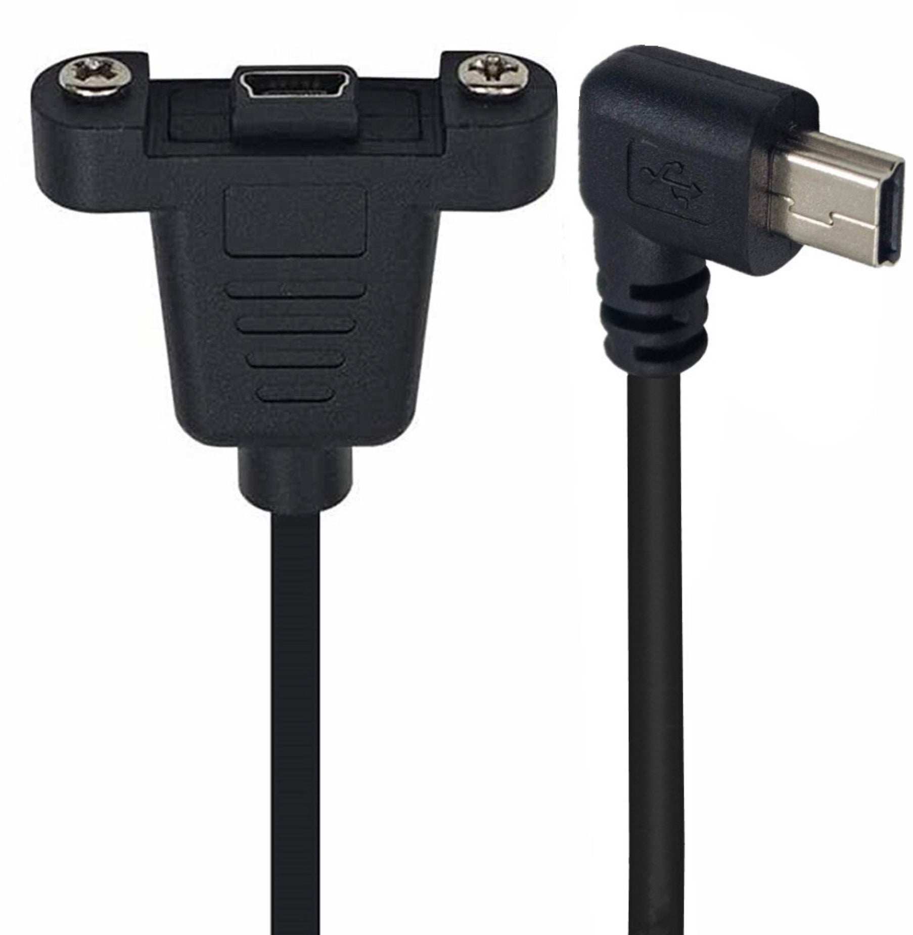 USB 2.0 Mini-B Right Angle Male to Straight Female Panel Mount Cable – 0.3m with Screws