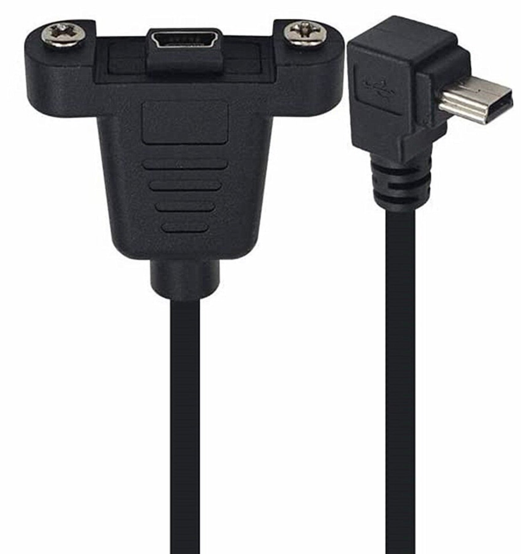 USB 2.0 Mini-B Right Angle Male to Straight Female Panel Mount Cable – 0.3m with Screws