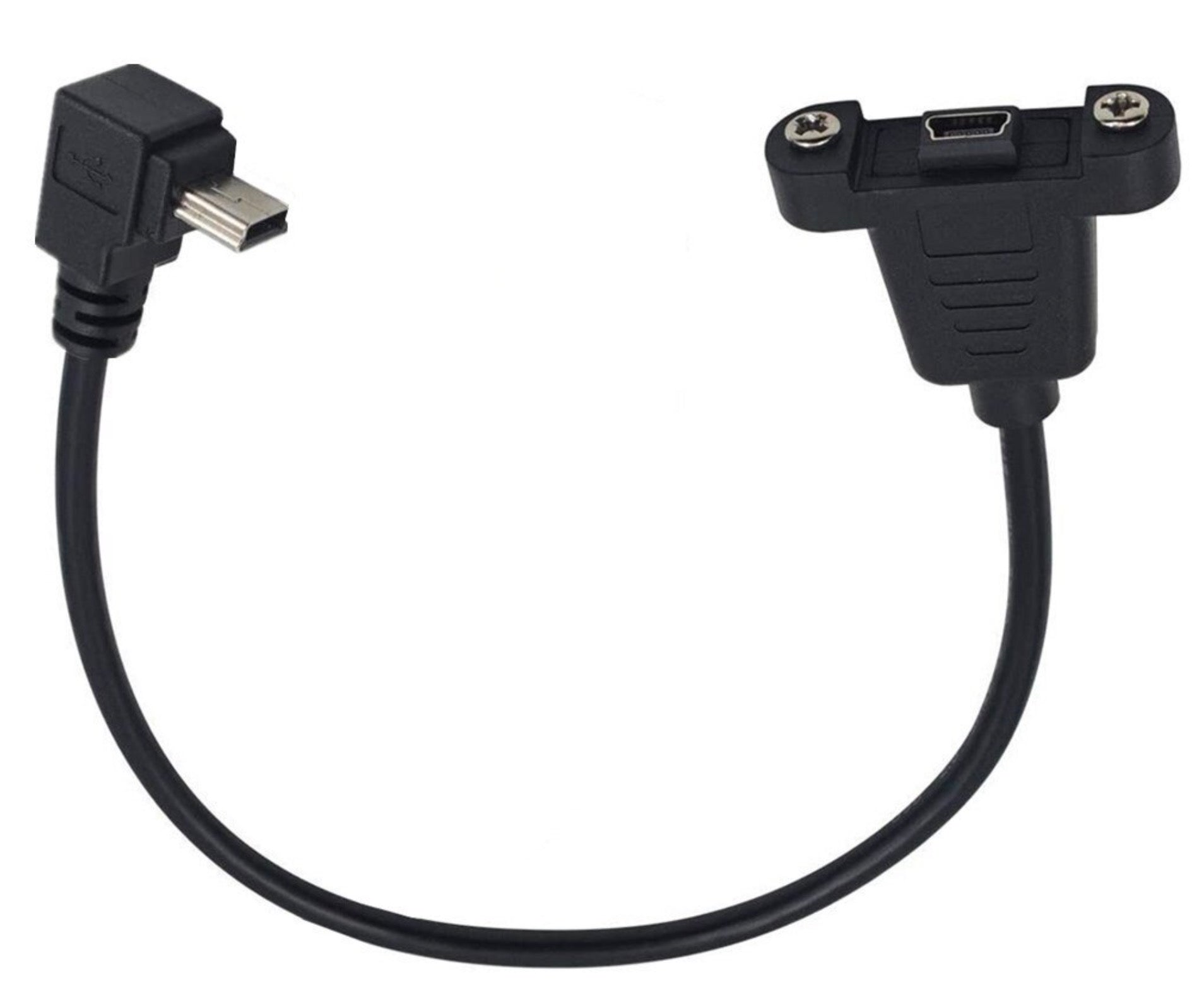 USB 2.0 Mini-B Right Angle Male to Straight Female Panel Mount Cable – 0.3m with Screws