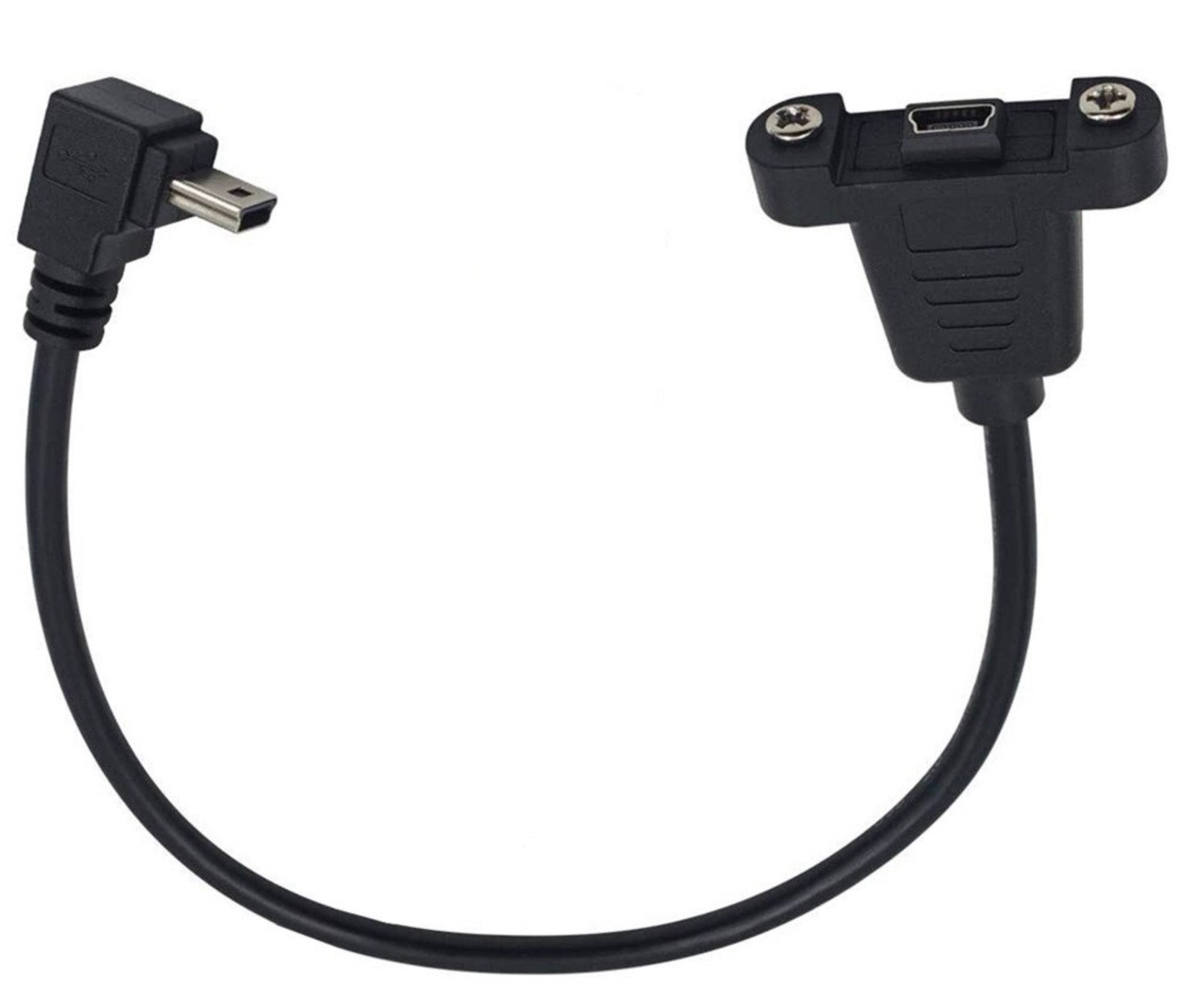 USB 2.0 Mini-B Right Angle Male to Straight Female Panel Mount Cable – 0.3m with Screws