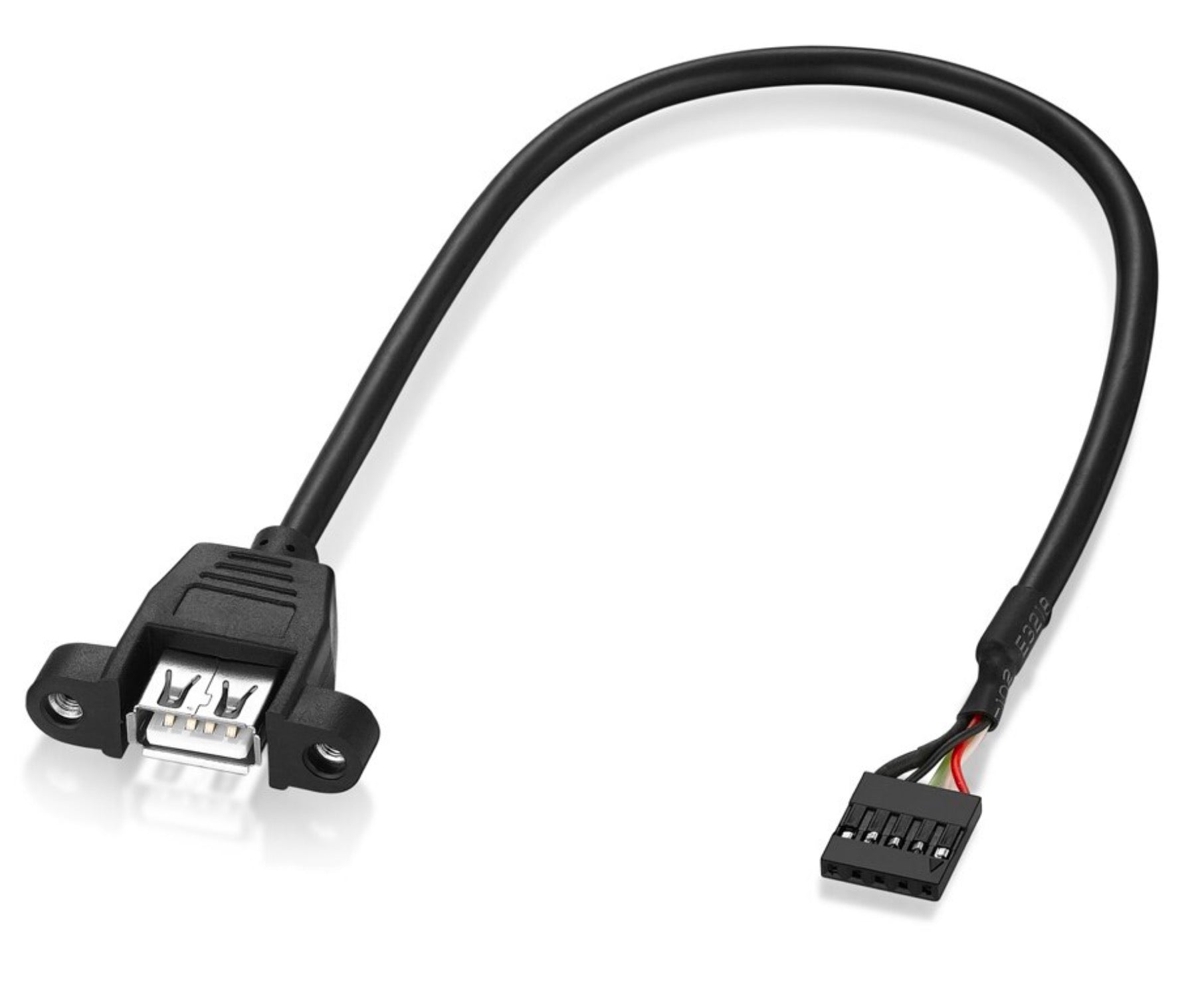 A black USB 2.0 type A to 5-pin 2.54mm braided cable for panel mounting.