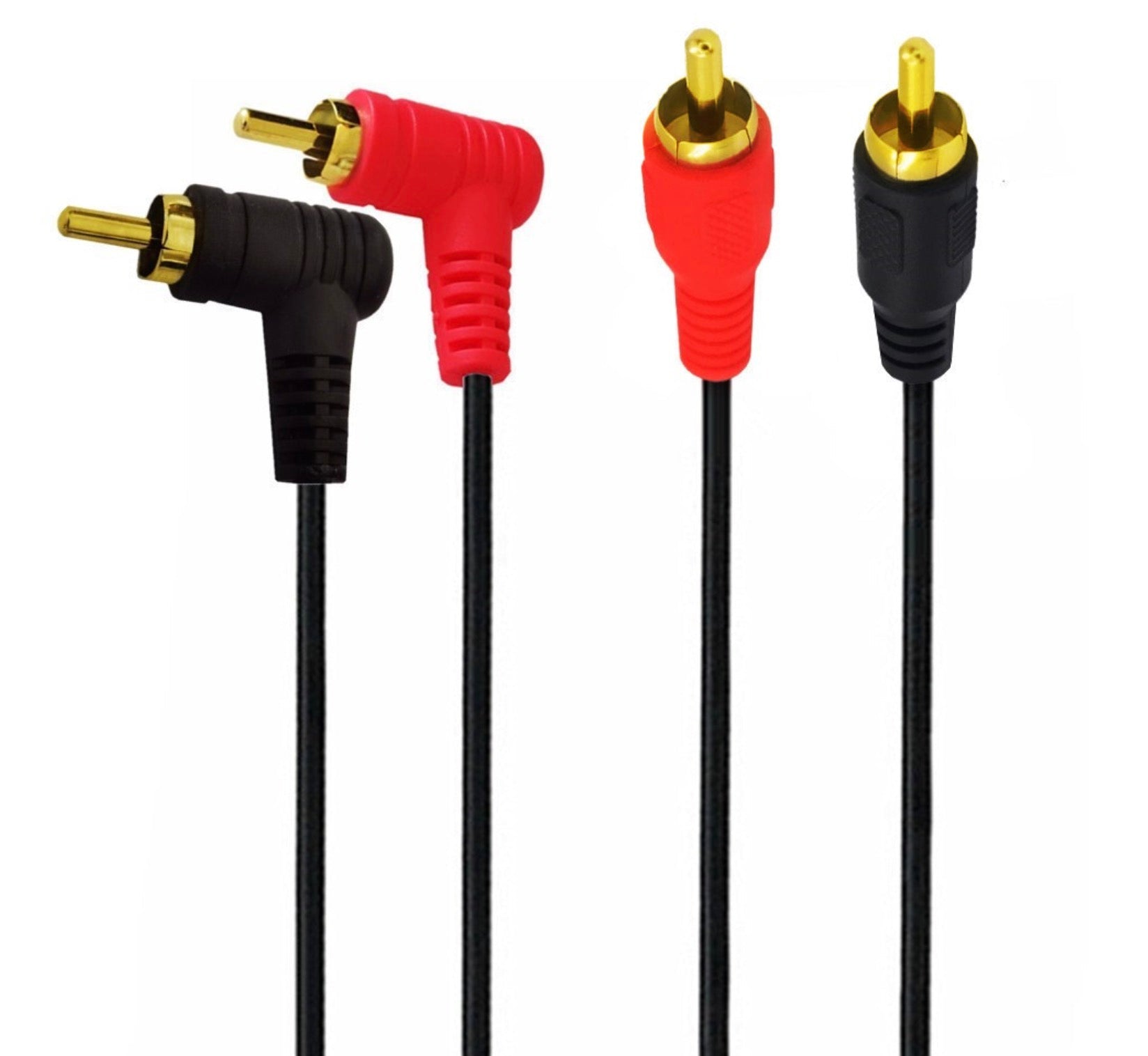 Close-up of right-angle red and white RCA male connectors