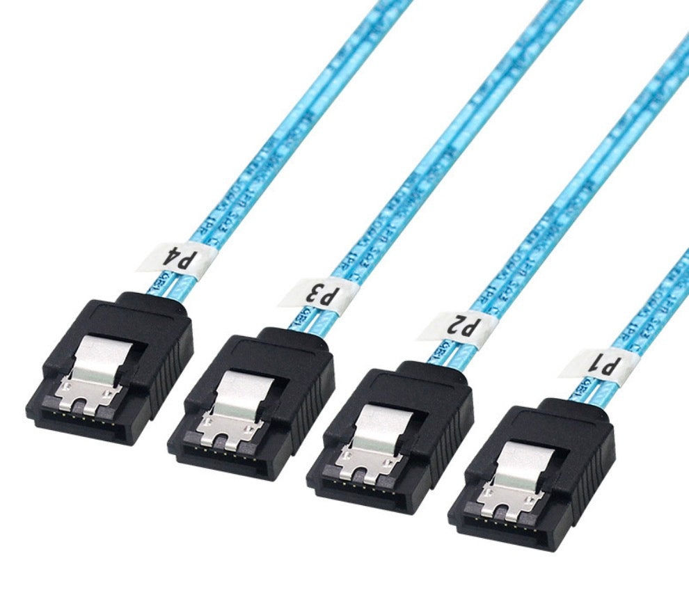 Close-up of four right-angle SATA 7-pin data connectors