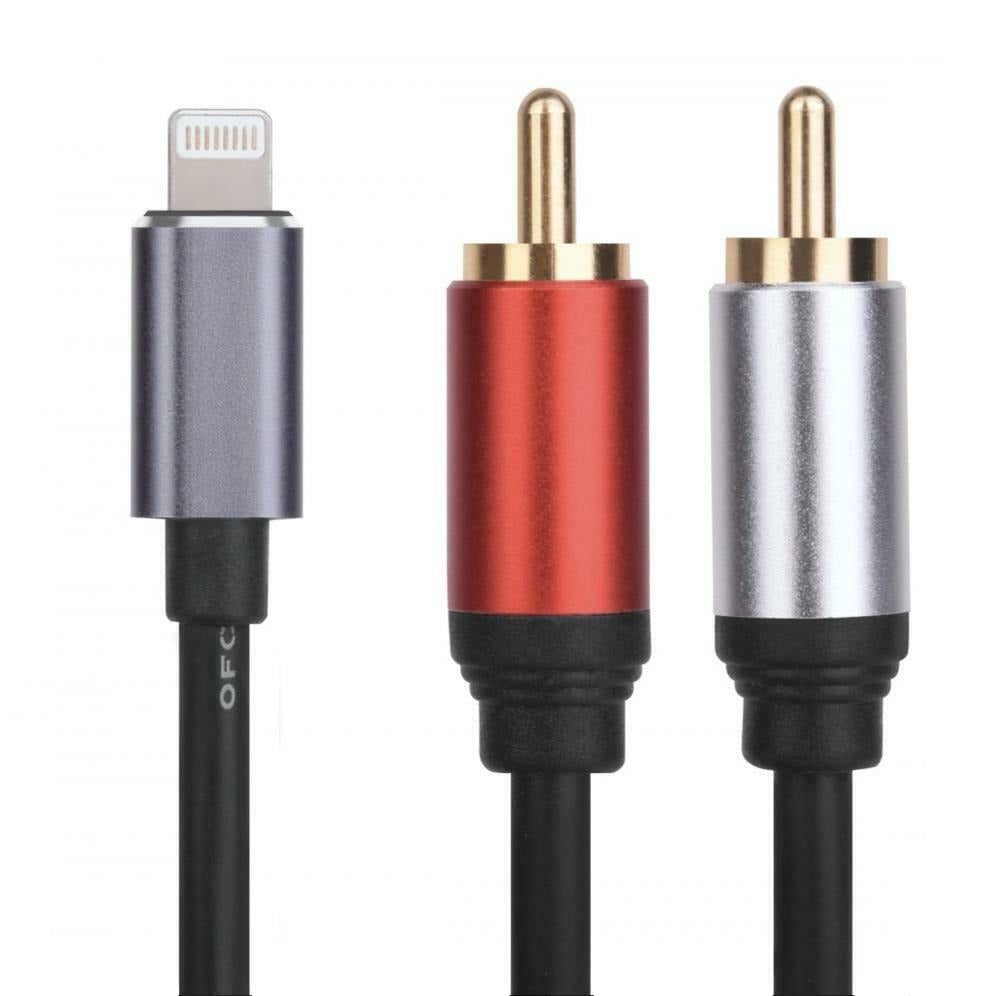 Lightning to dual RCA stereo audio cable with red and white male RCA connectors