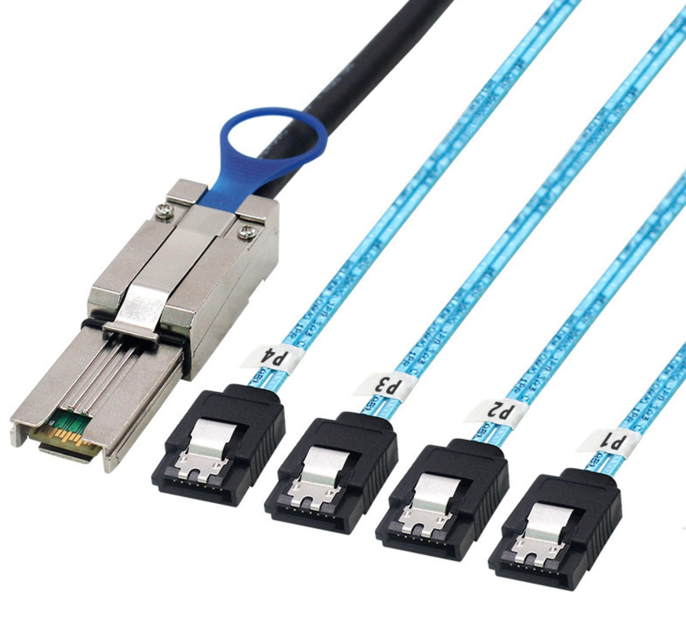 Mini SAS SFF-8088 connector with four SATA 7-pin female breakout connectors