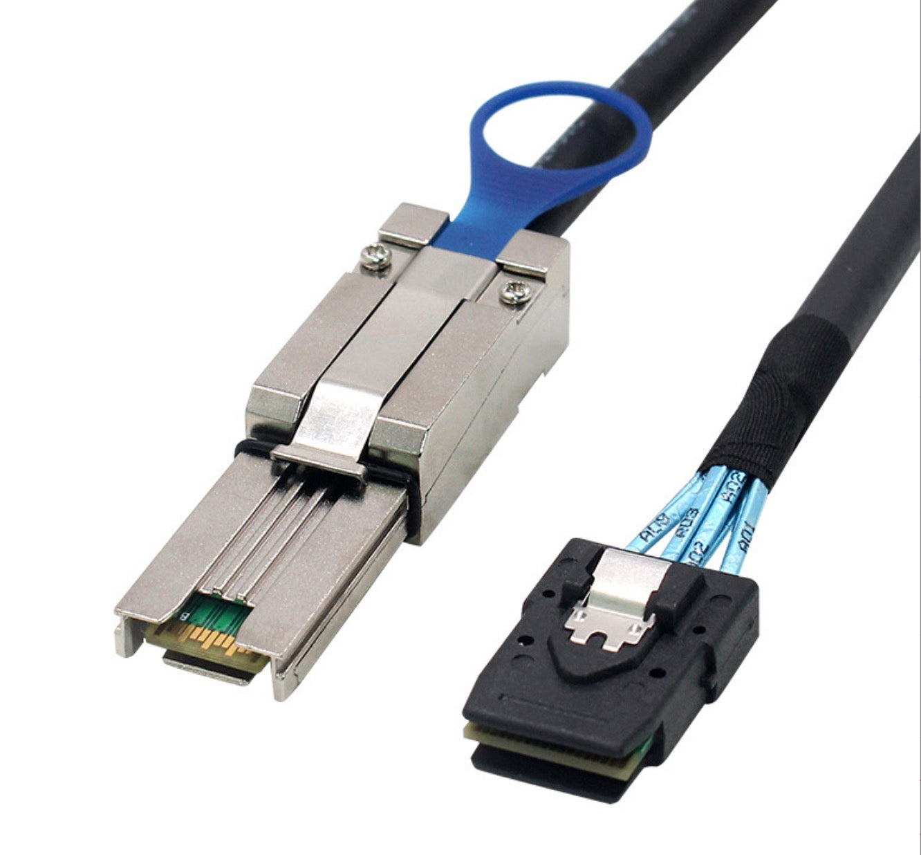 Mini SAS SFF-8088 and SFF-8087 connectors shown on the SAS data cable