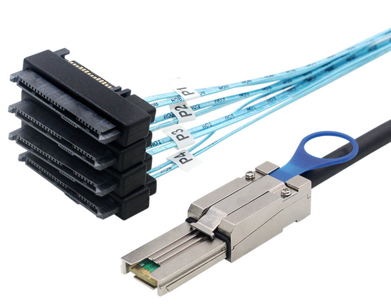 Mini SAS SFF-8088 connector with four SFF-8482 29+15 pin SAS connectors