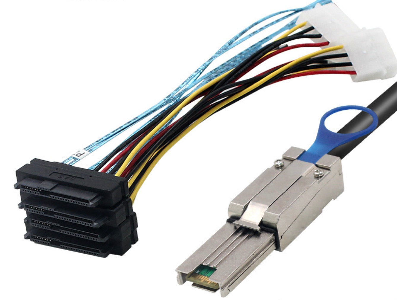Mini SAS breakout cable showing four SFF-8482 SAS connectors with Molex power leads