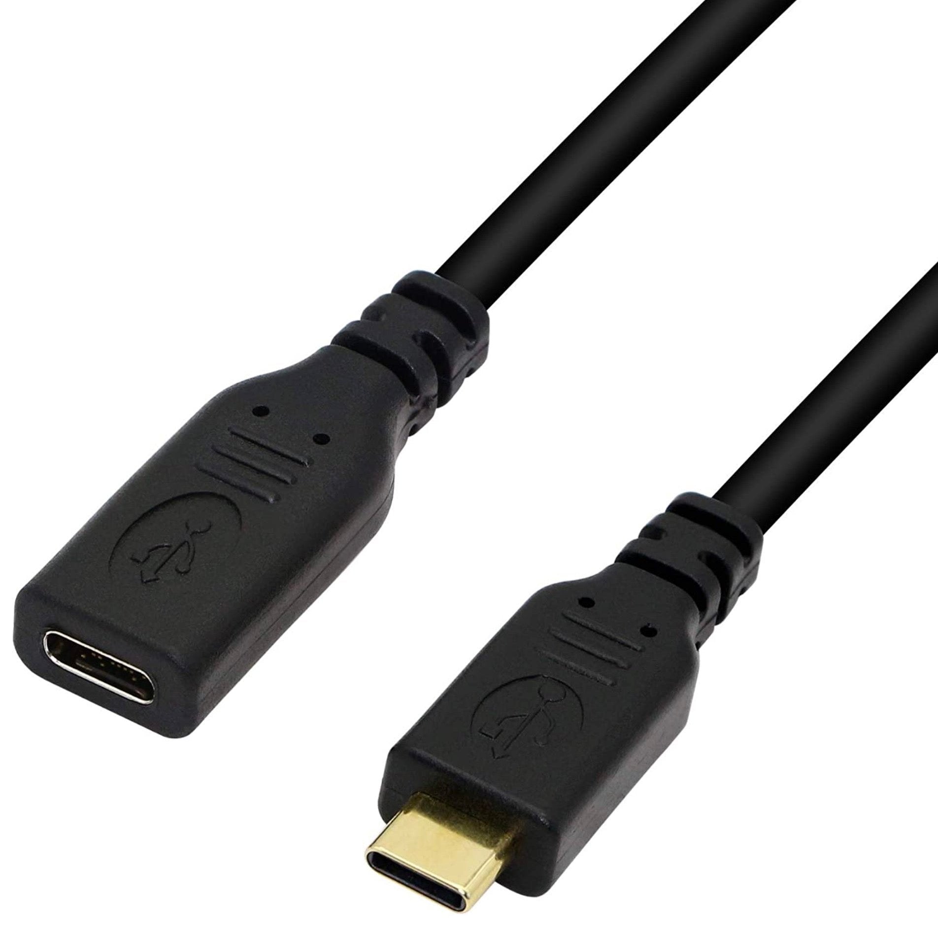 A black USB-C Male to Female extension cable with different angles and a 0.25m length.