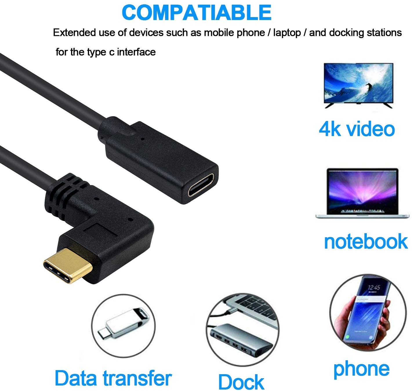 USB 3.1 Type-C Angled Male to Female Fast Charging Extension Cable