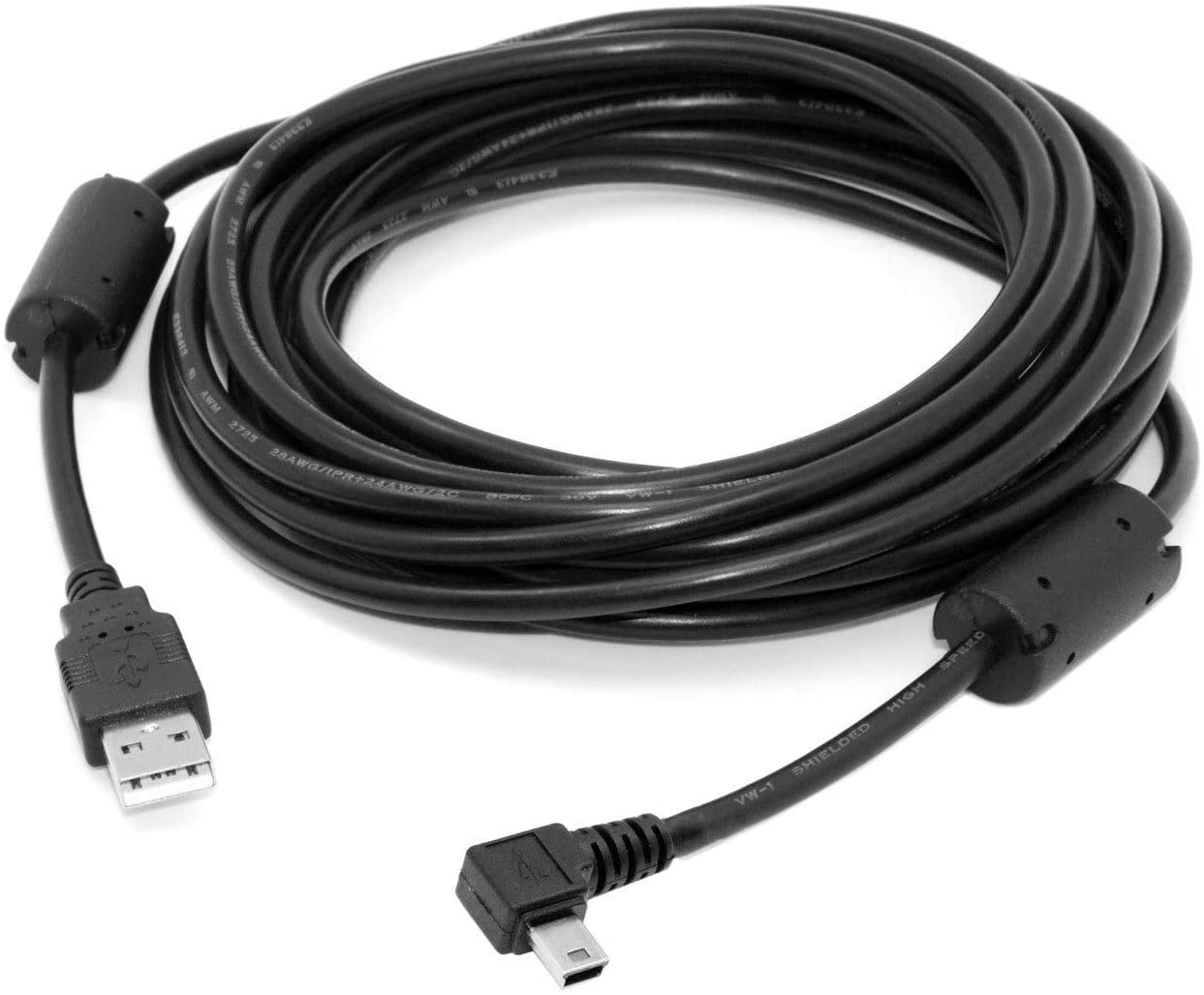 USB 2.0 Type-A male to Mini USB 5 Pin B male 5 metre data and charging cable with angled connector