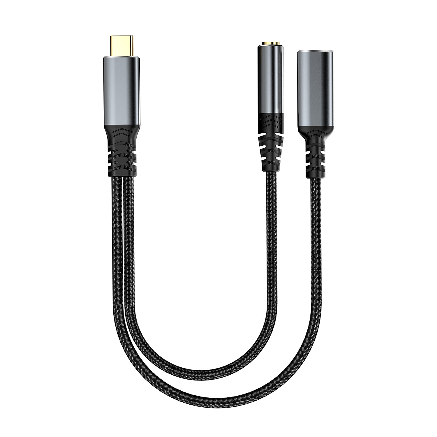 Front view of USB-C audio adapter with 3.5mm headphone socket and USB-C charging port