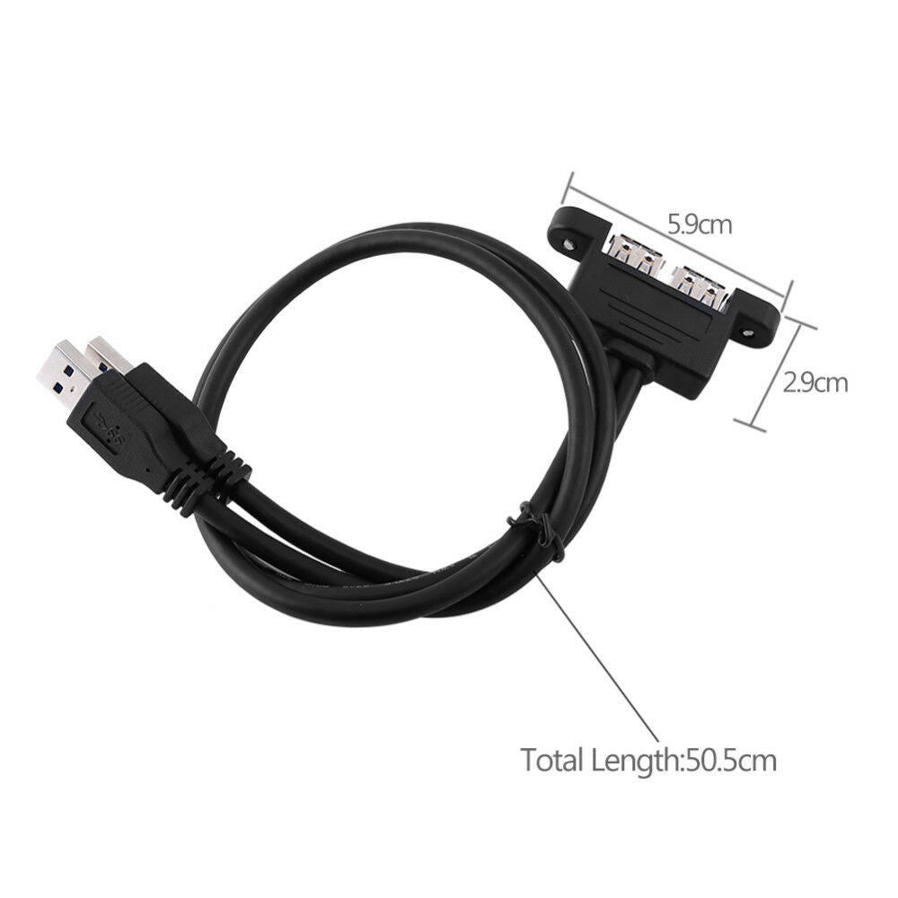 Dual USB 3.0 Type A Male to Female Extension Cable With Panel Mount