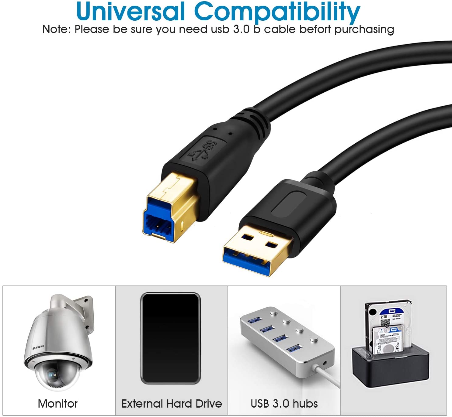 USB 3.0 A Male to B Type Male Cable For Scanners, Printers, Hard Drives