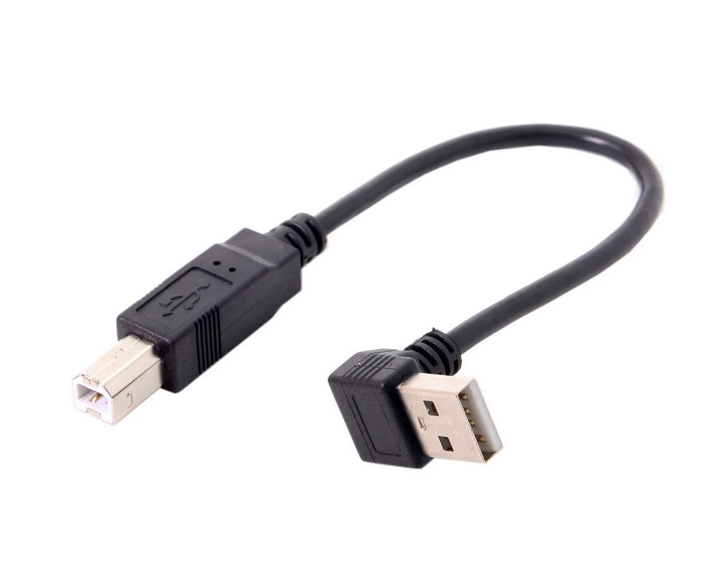 A black USB 2.0 Type A Male to USB 2.0 Type B Male cable, angled view showing both connectors.