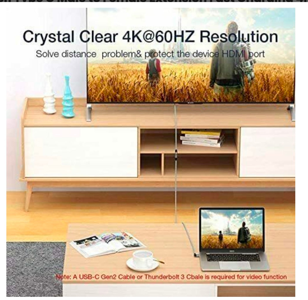 USB-C 3.1 Angled Male to Straight Female 100W Thunderbolt 3 Cable 10Gbps