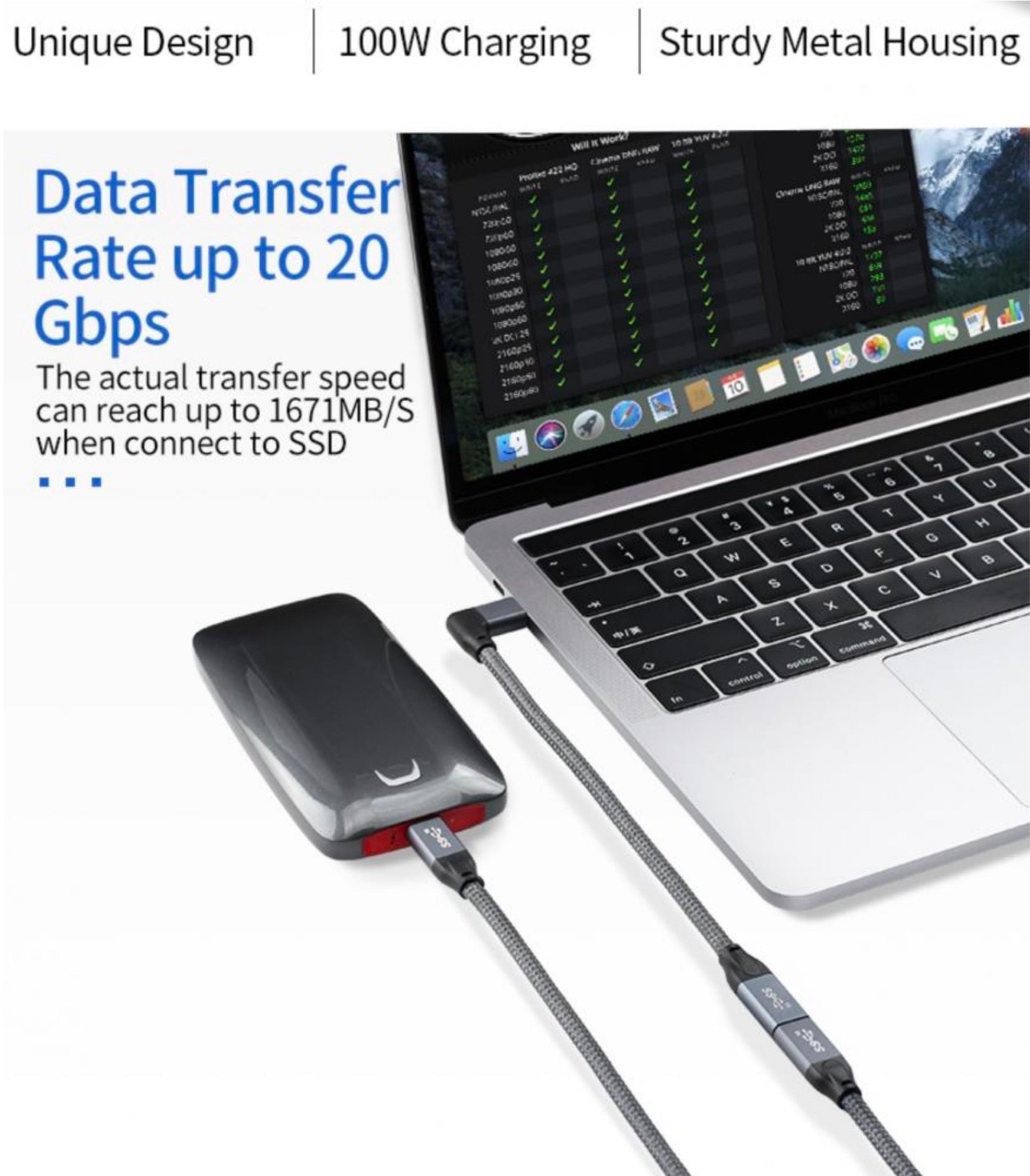 USB-C 3.1 Angled Male to Straight Female 100W Thunderbolt 3 Cable 10Gbps