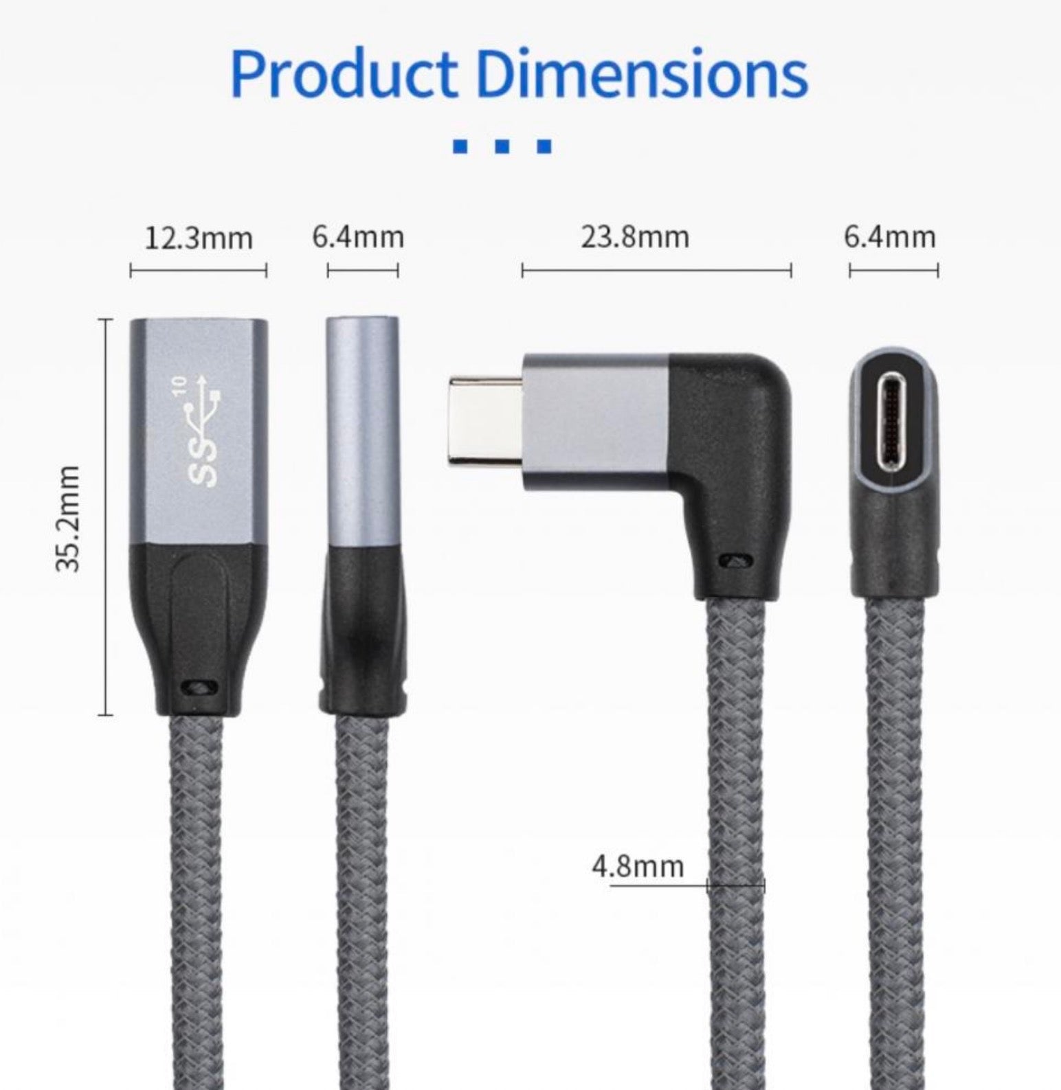 USB-C 3.1 Angled Male to Straight Female 100W Thunderbolt 3 Cable 10Gbps