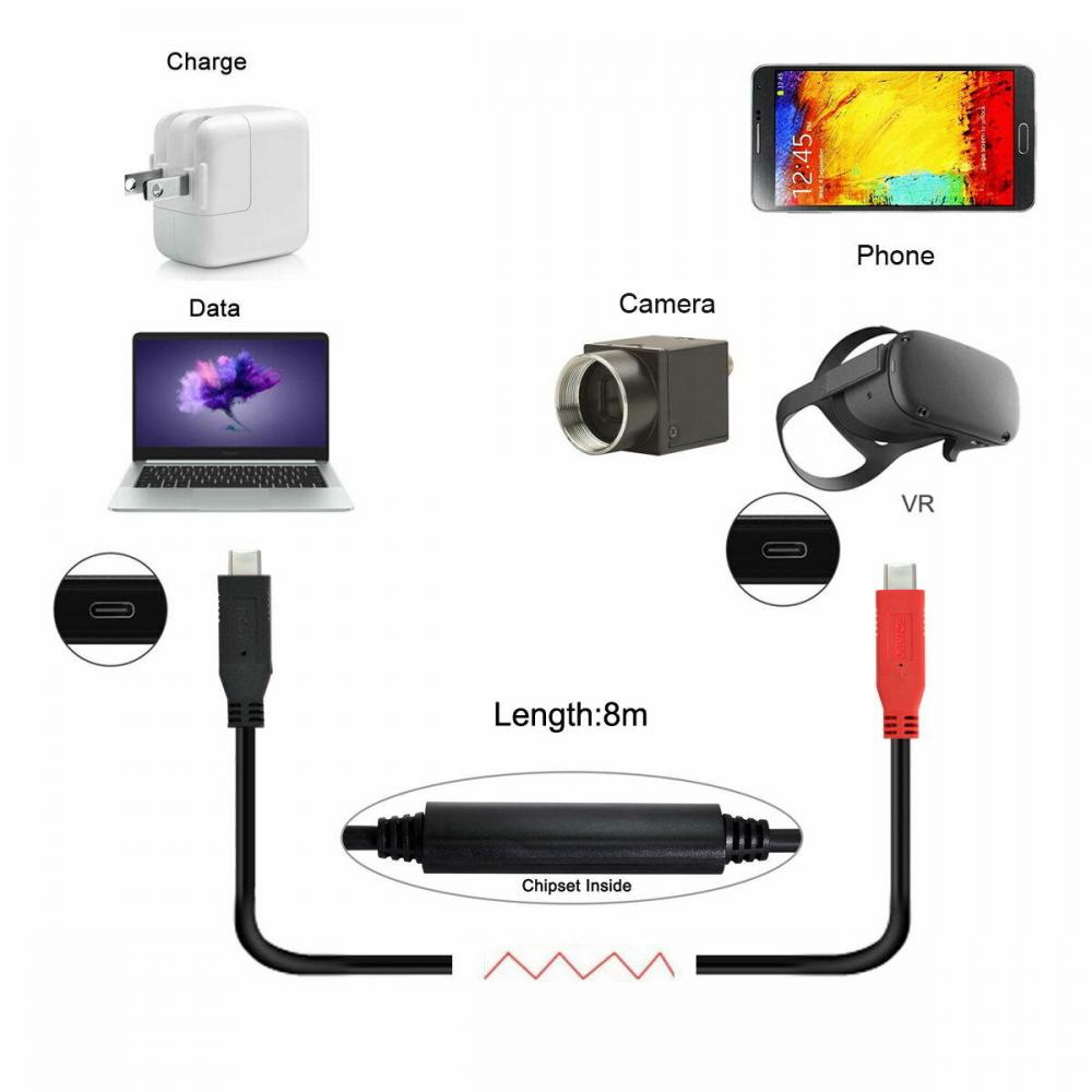USB-C 5Gbps Gen1 Chipset Repeater Data Cable For Single-Way Transfer 8m