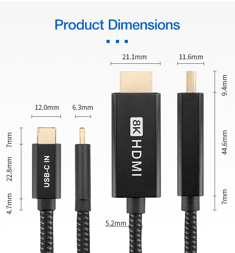 USB-C to HDMI 2.1 8K PC Laptop TV Monitor Video Cable 2m