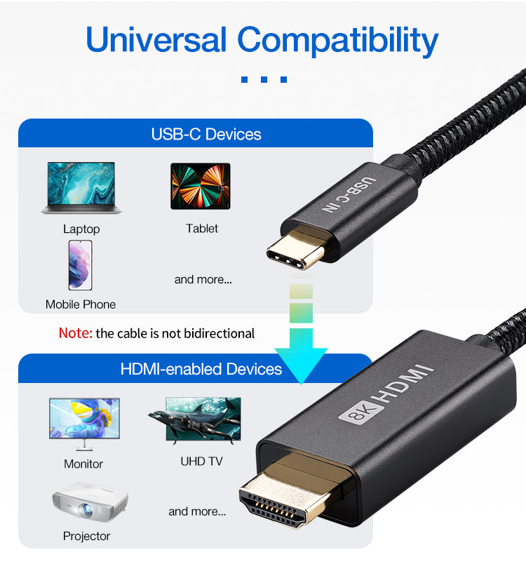 USB-C to HDMI 2.1 8K PC Laptop TV Monitor Video Cable 2m