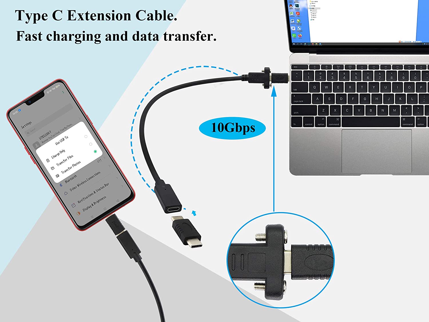 USB C Female to USB C Female Panel Mount Extension Cable 3A