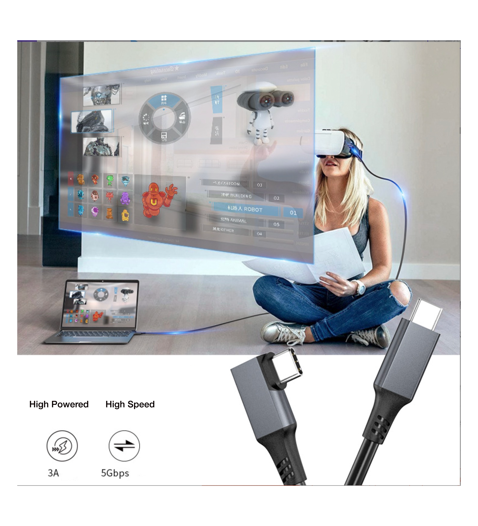 USB-C Male to Angled Male 3A 5Gbps Data Charge Cable USB 3.2 Gen 1 For Oculus Quest 2 VR Link 5m / 6m