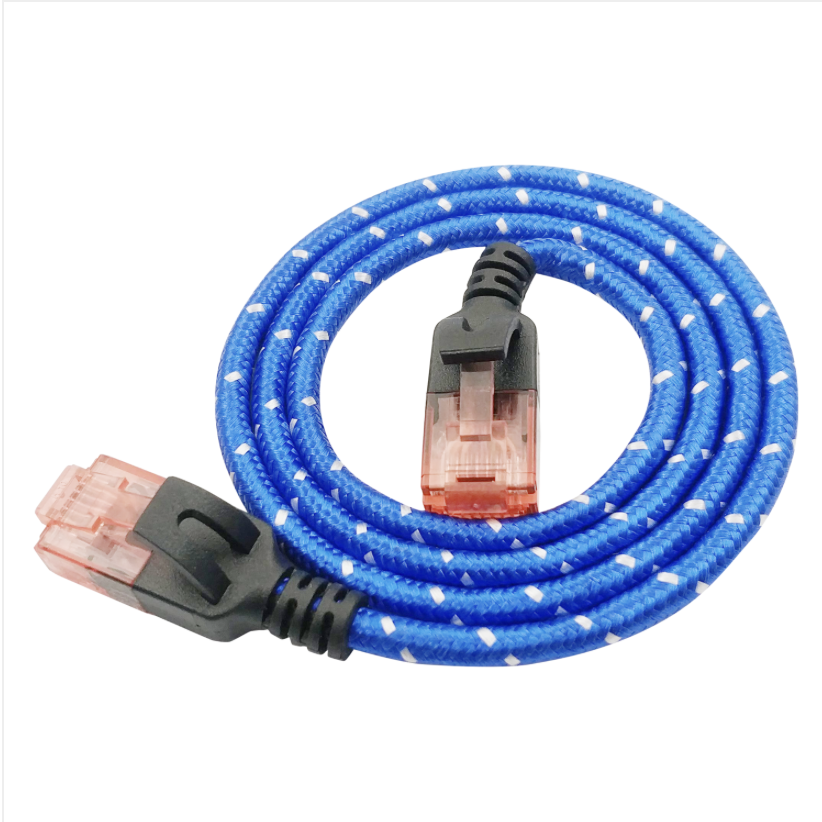 Blue braided Ethernet cable with connectors on a white background