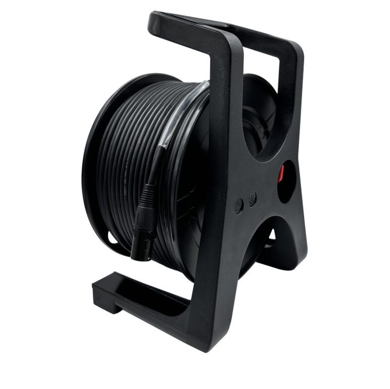 Black wire reel with cable on a white background