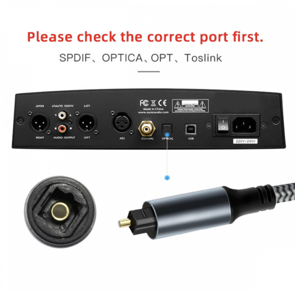 Back panel of an electronic device with audio ports and a Toslink cable on a white background.