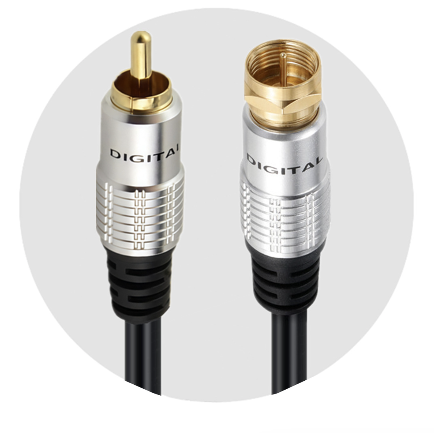 Two RCA connectors with gold ends on a white background