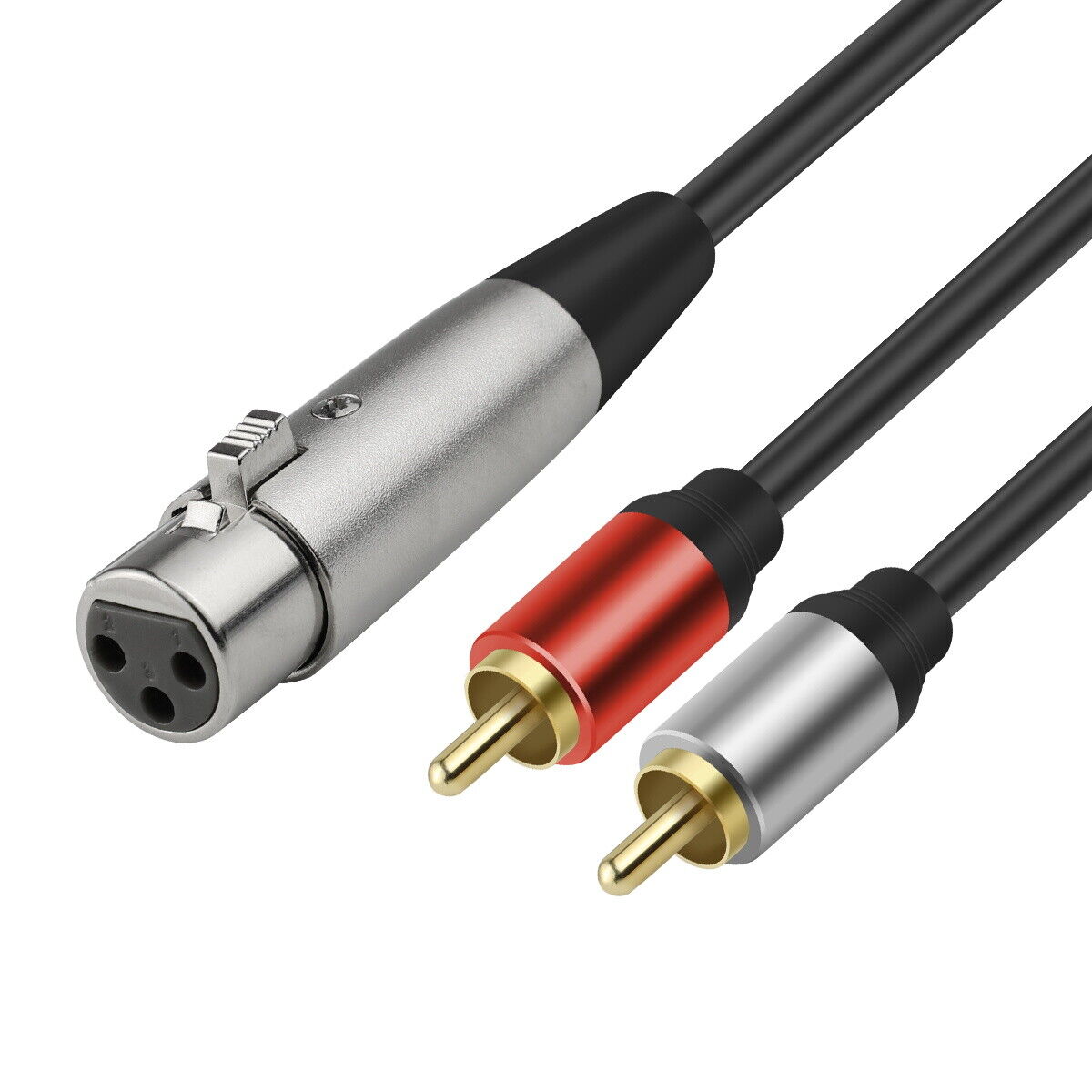 Audio cable with XLR male and RCA female connectors on a white background
