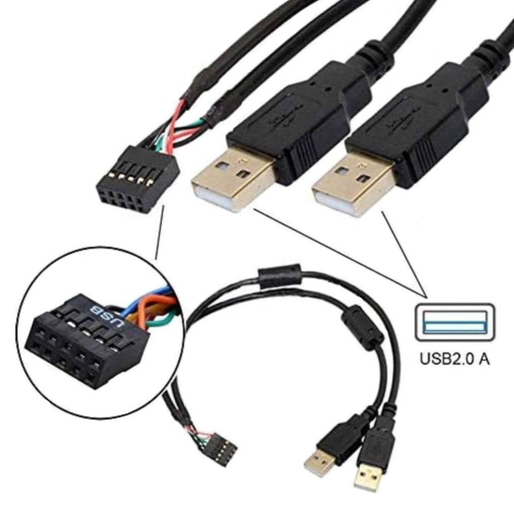 Installation diagram for 10 pin motherboard to dual USB 2.0 Type-A splitter cable with accessory overview