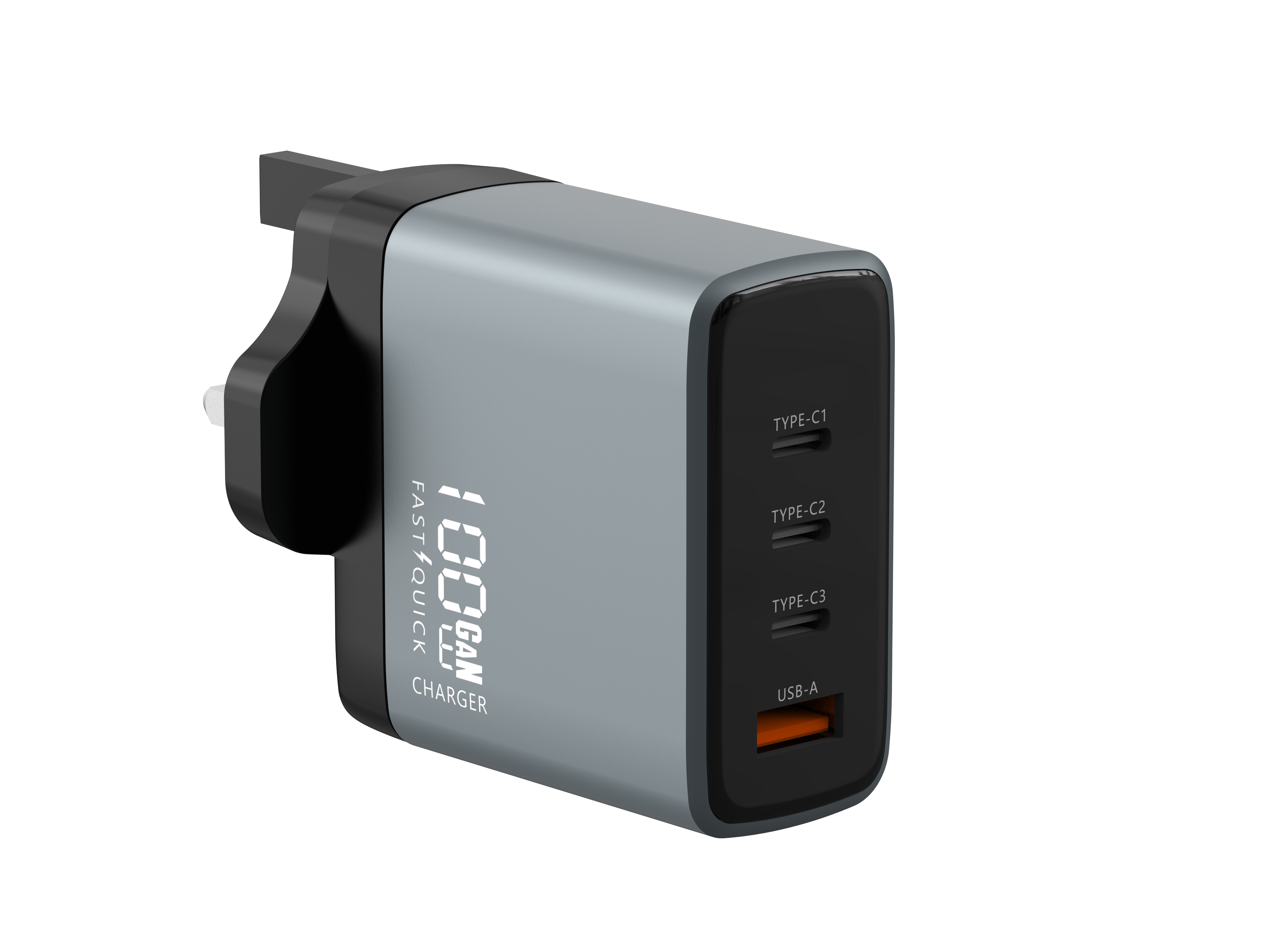 A gray INNOV8 100W 4-port fast PD charging travel adapter with a UK 3-pin plug.