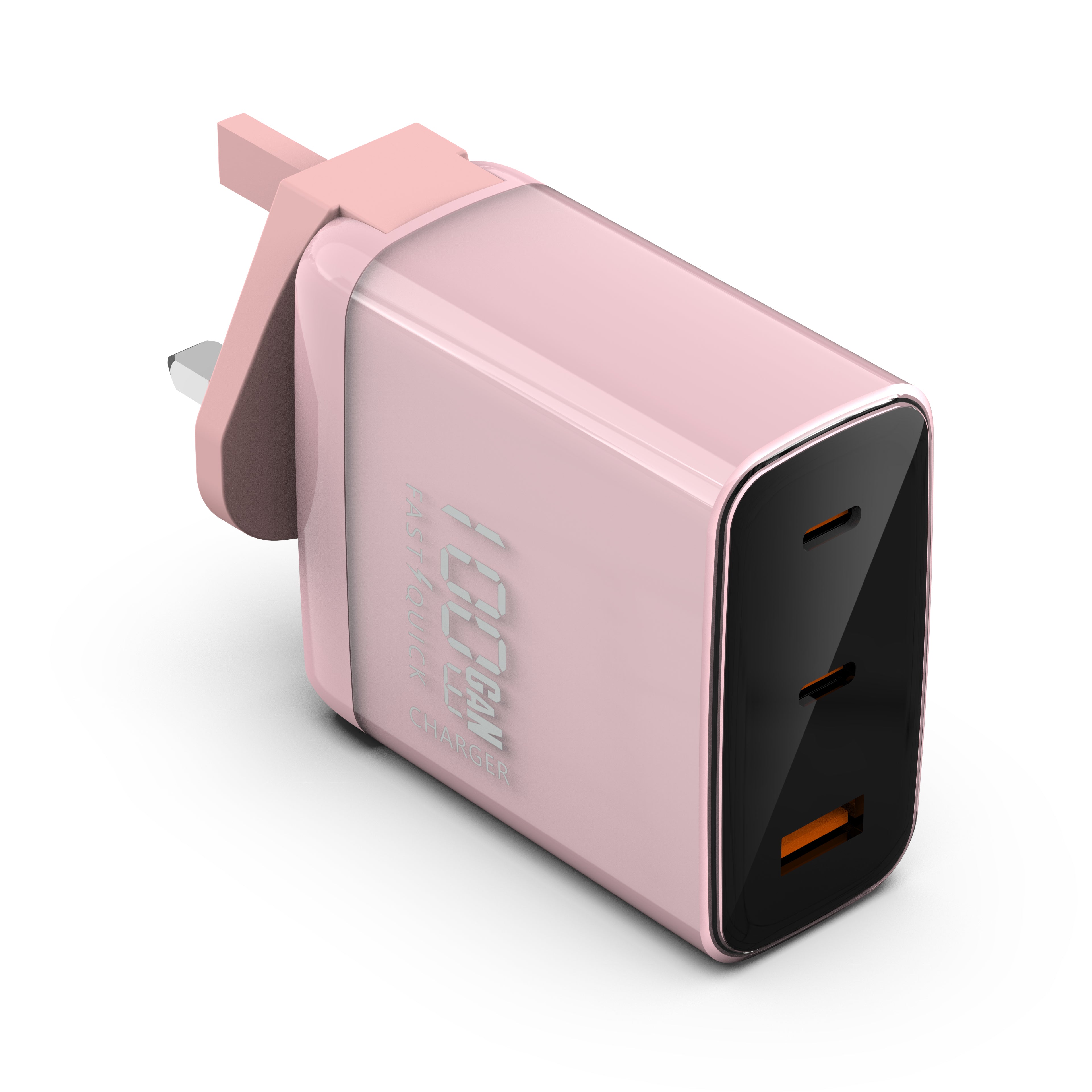 A pink USB-C PD charger with a wall plug design, featuring a GaN super fast charger component and 3 ports.