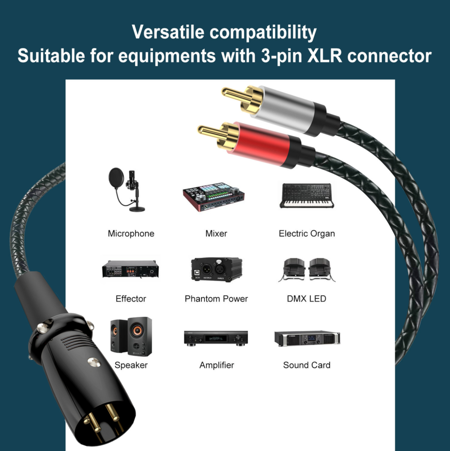 XLR Male to Dual RCA Male Y Splitter Cable – 3 Pin XLR to 2 RCA Stereo Audio Adapter for Microphone, Mixer & Amplifier