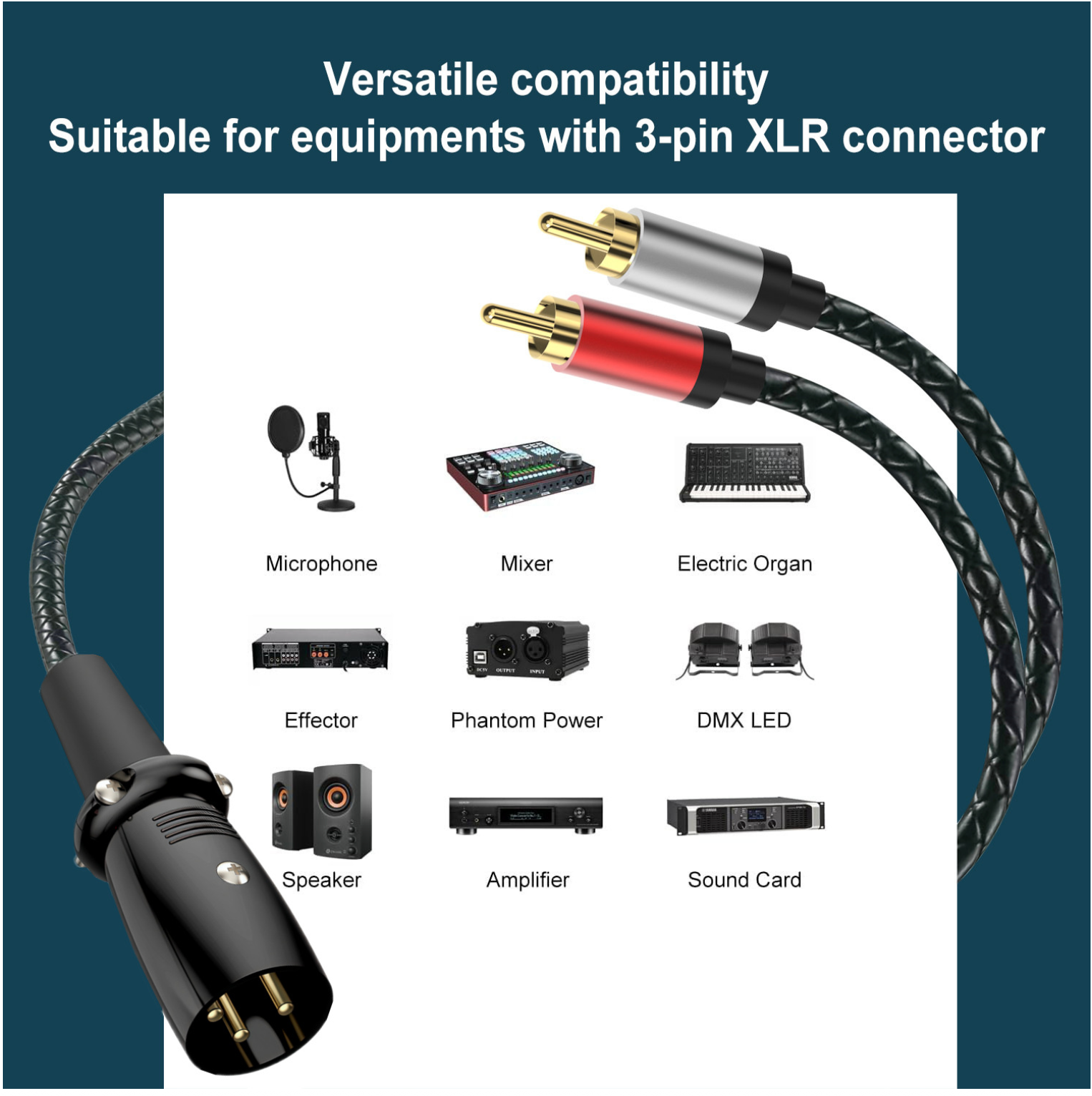 XLR Male to Dual RCA Male Y Splitter Cable – 3 Pin XLR to 2 RCA Stereo Audio Adapter for Microphone, Mixer & Amplifier