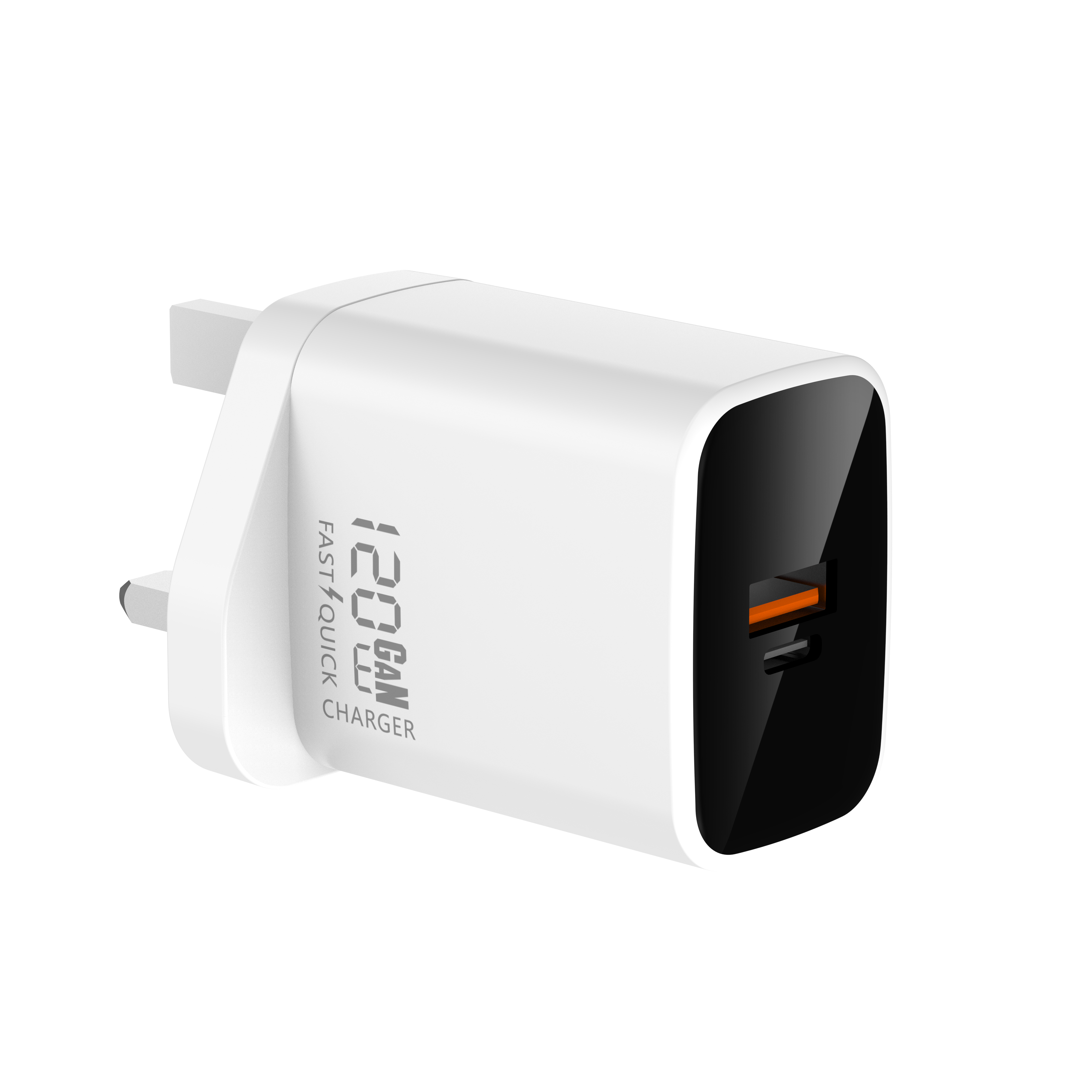 A white 120W USB C wall charger with a USB A port and a USB C port, displaying the fast charging status on the front.
