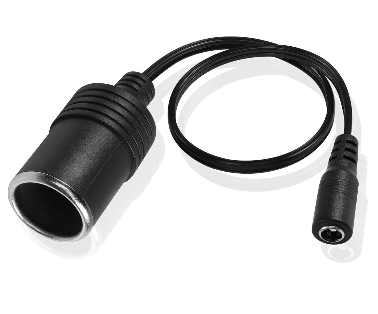 A black car cigarette lighter power supply cable with a 12V female connector on one end and a DC 5.5mm x 2.