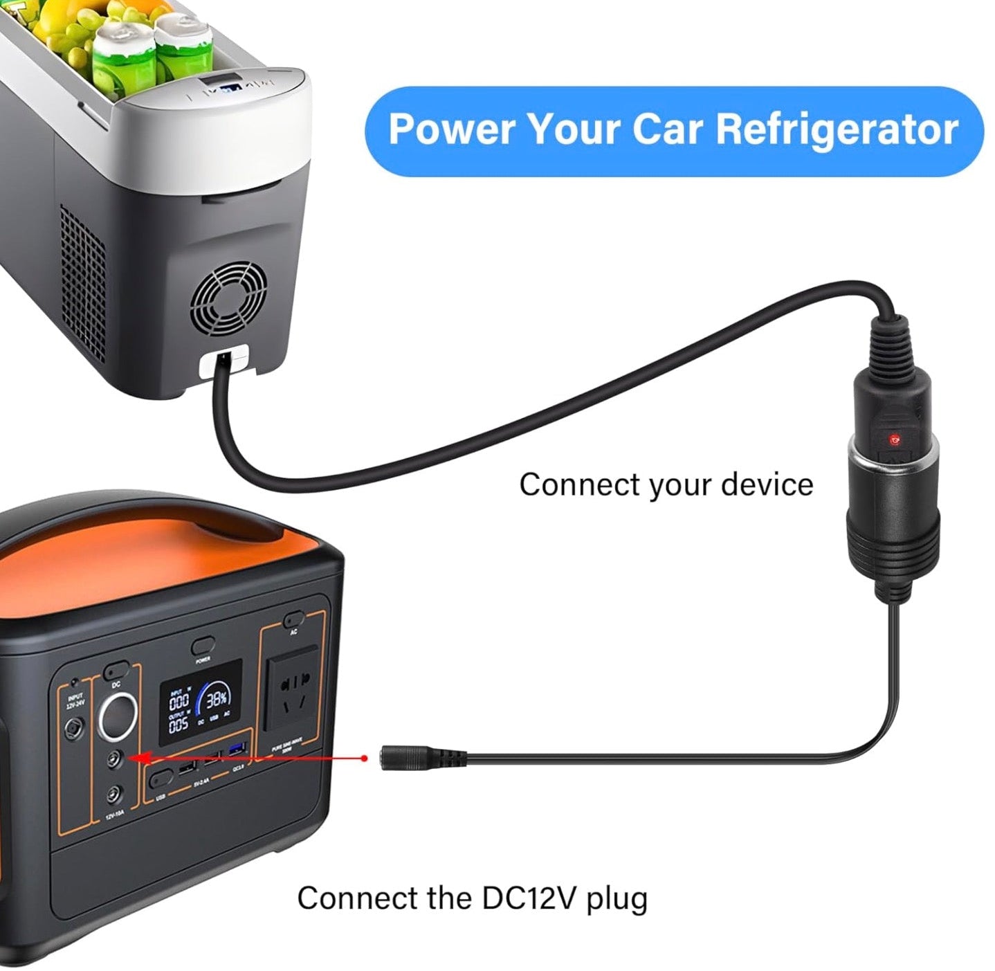 12V car power adapter cable with DC barrel connector 5.5mm x 2.1mm