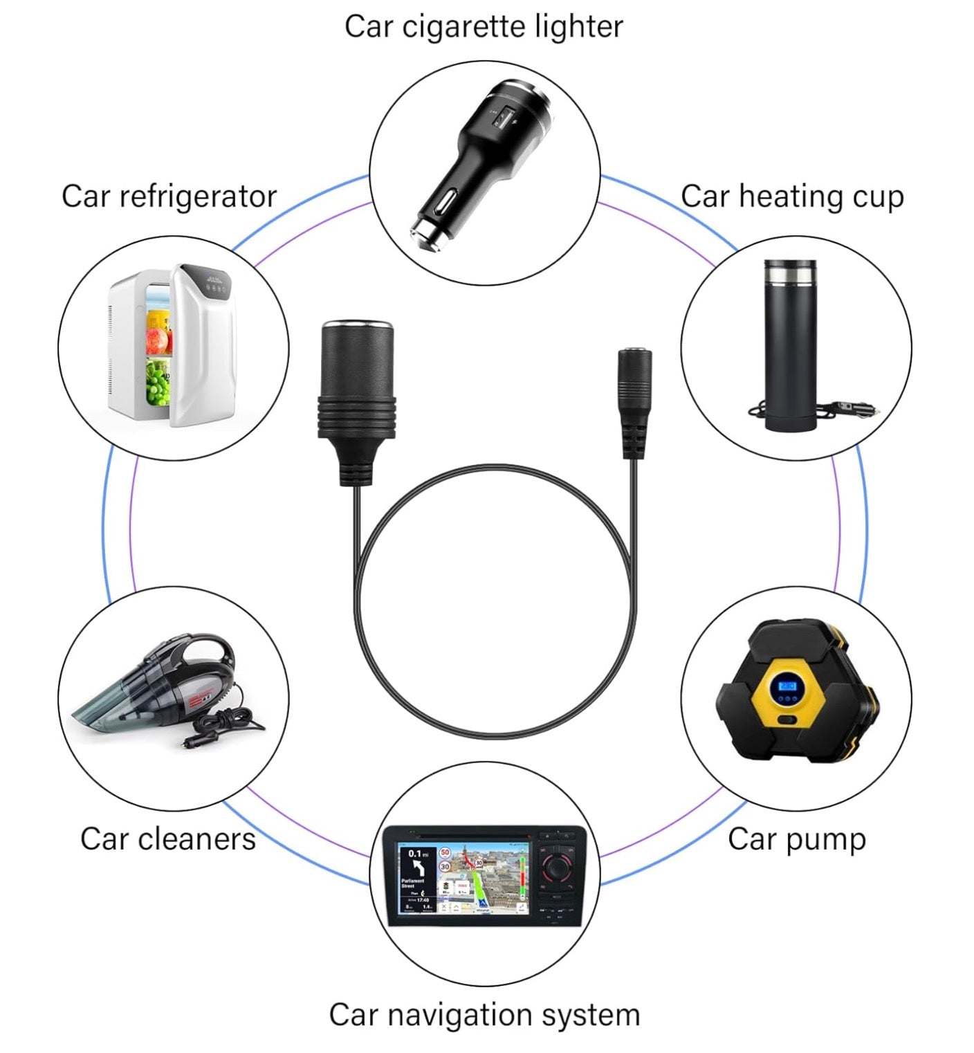 Car cigarette lighter extension cable for 12V DC devices