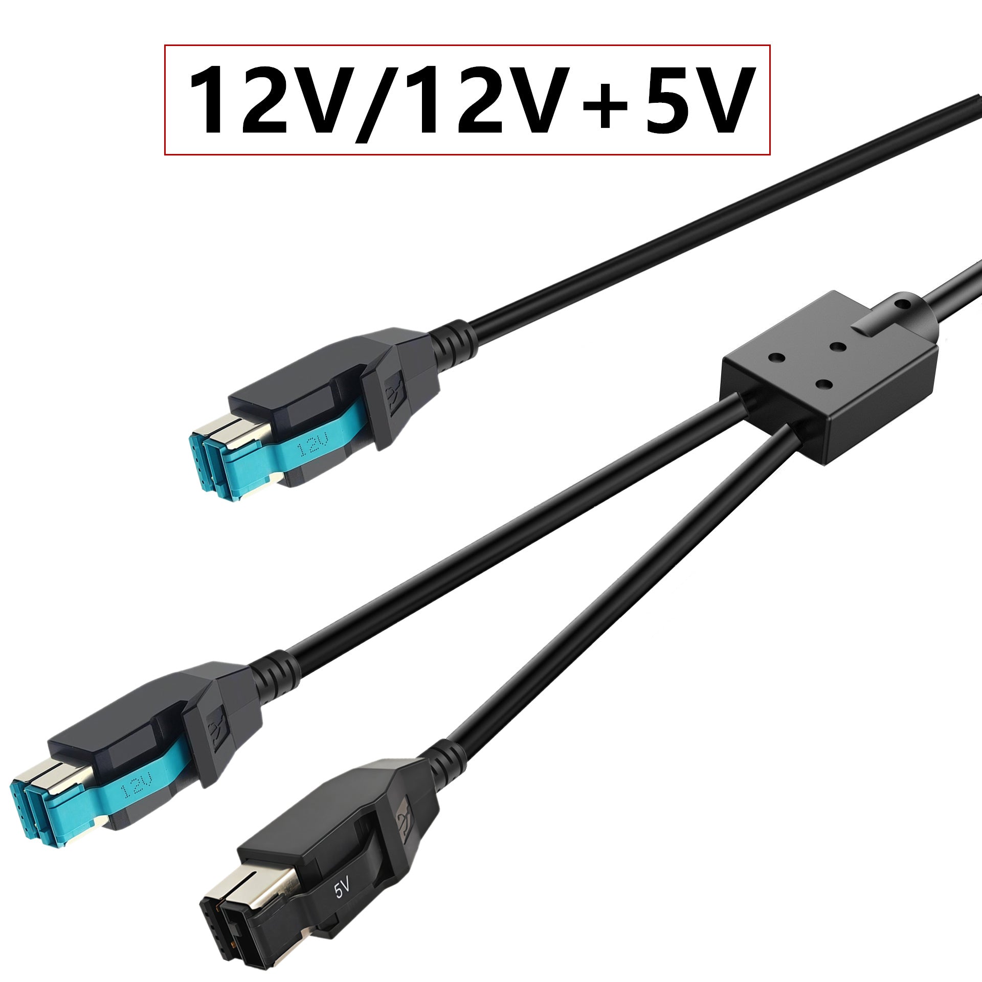 Black cable with USB connectors on a white background, labeled 12V/12V + 5V.
