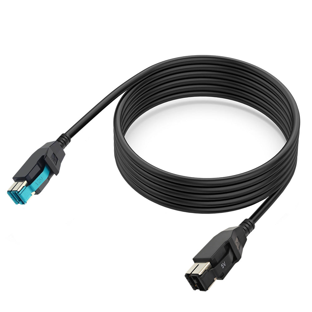 Coiled USB cable with blue and black connectors on a white background