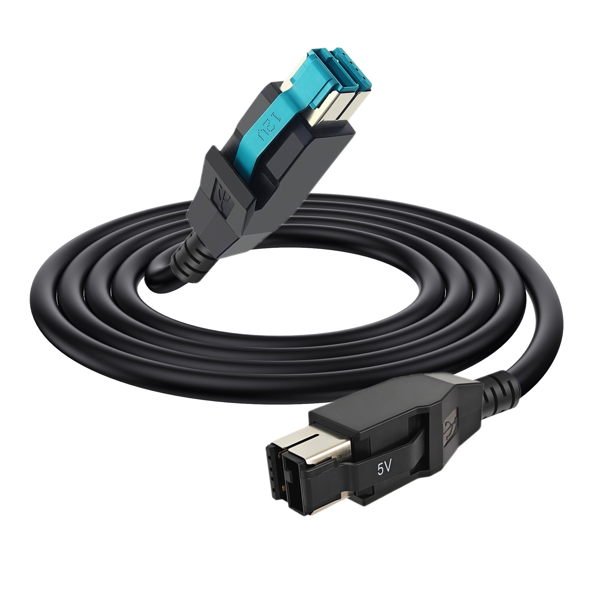 Black USB cable with blue connector on a white background