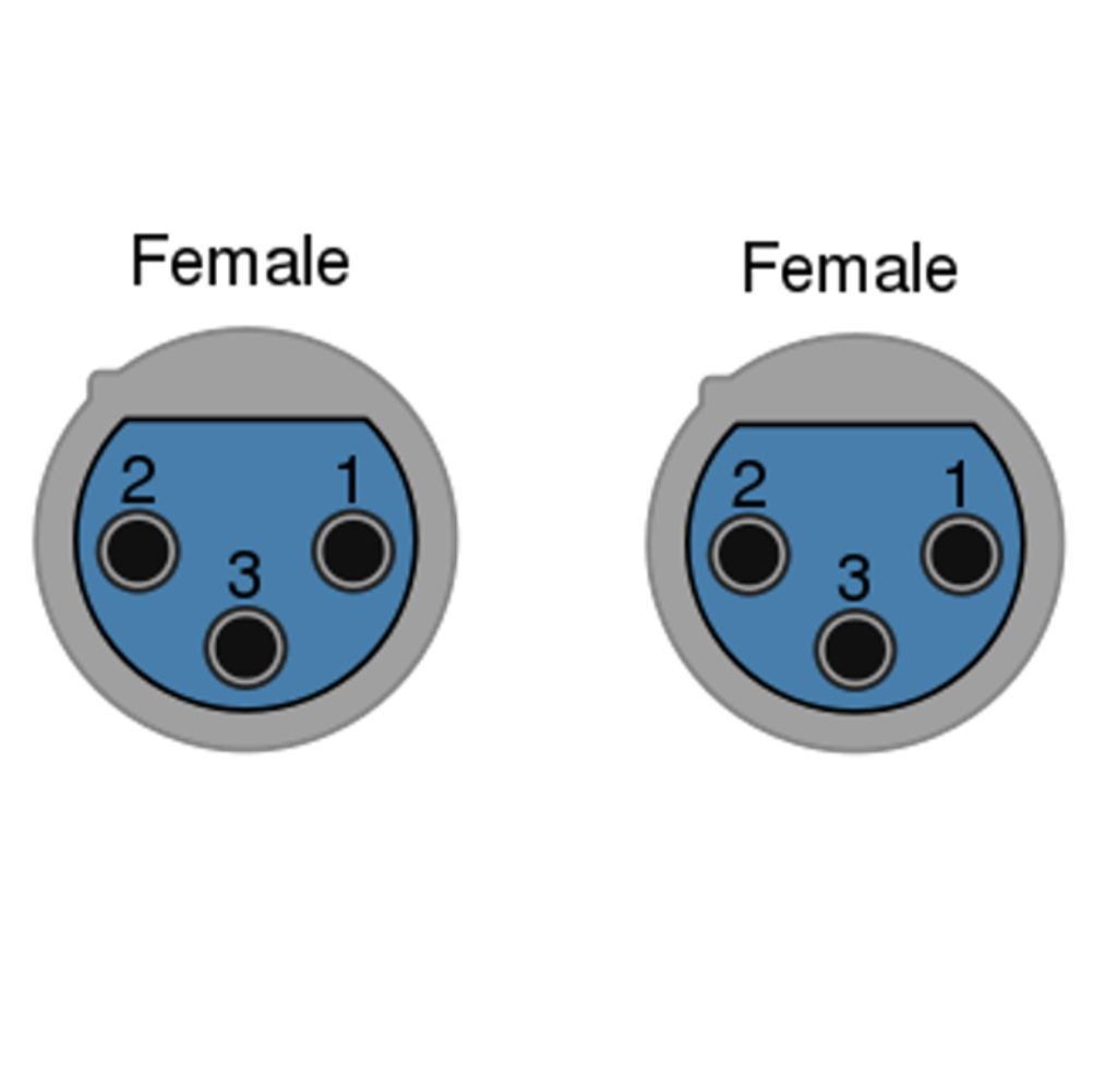 Two female XLR connectors with labeled pins on a white background